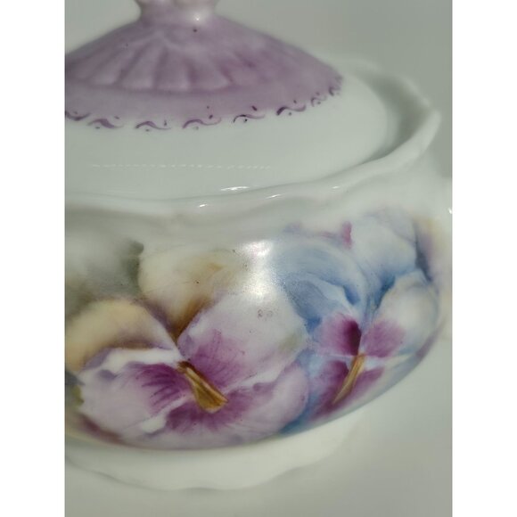 Antique Hand Painted Porcelain Sugar Bowl With Purple Lid & Floral Design - Picture 5 of 12